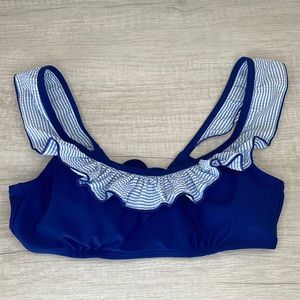 Lauren James Blue and White Seersucker Ruffle Bikini Top in Size Small